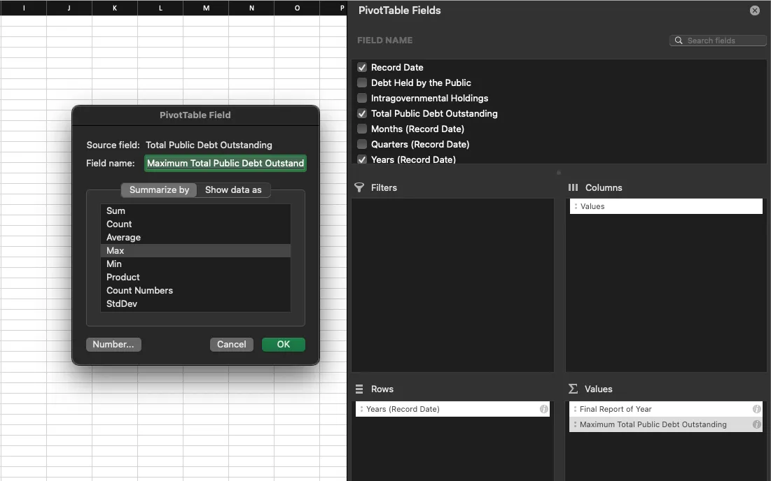 Demonstrating pivot table fields for yearly debt percentage.