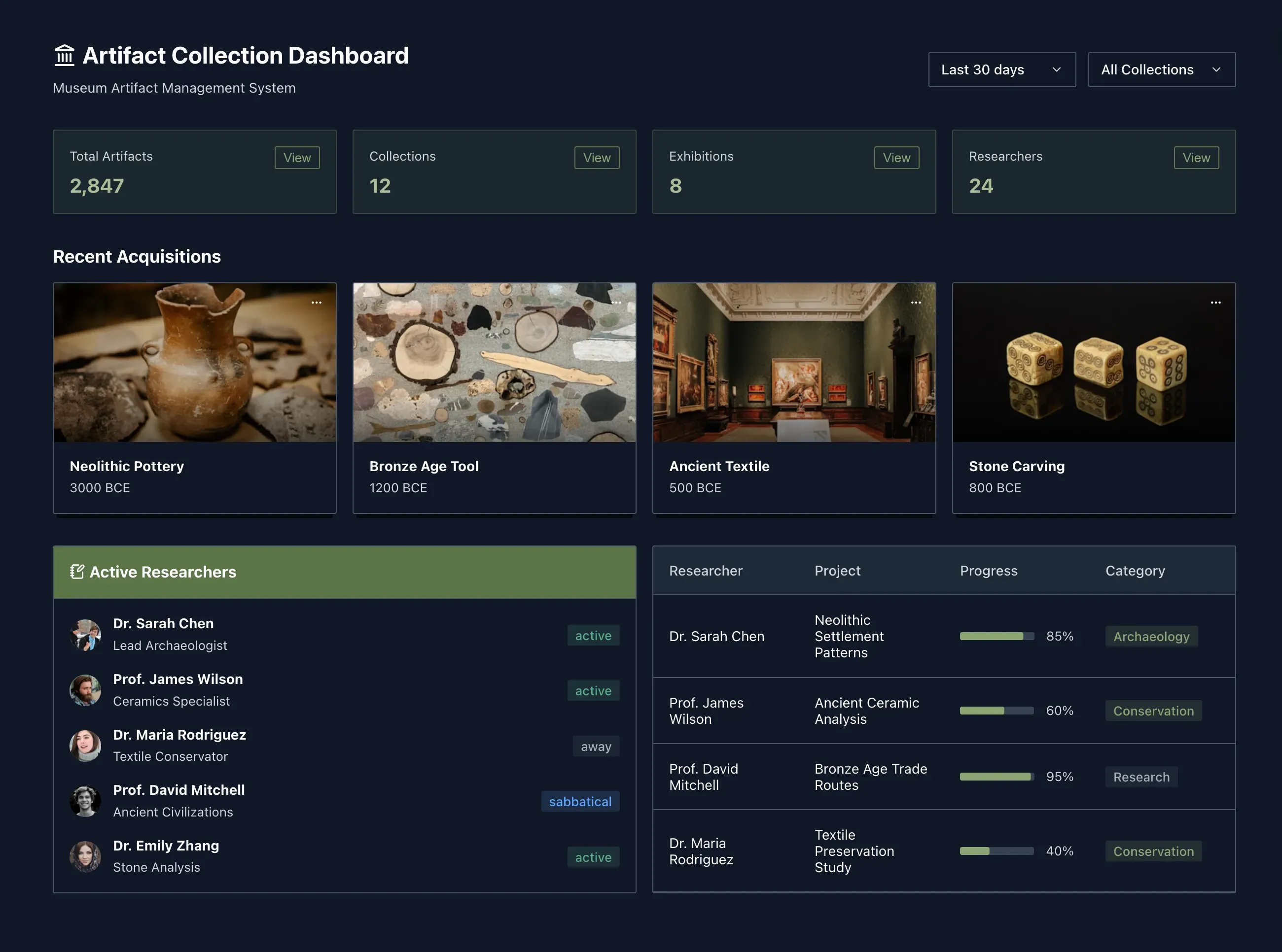Artifact UI component library preview in dark mode